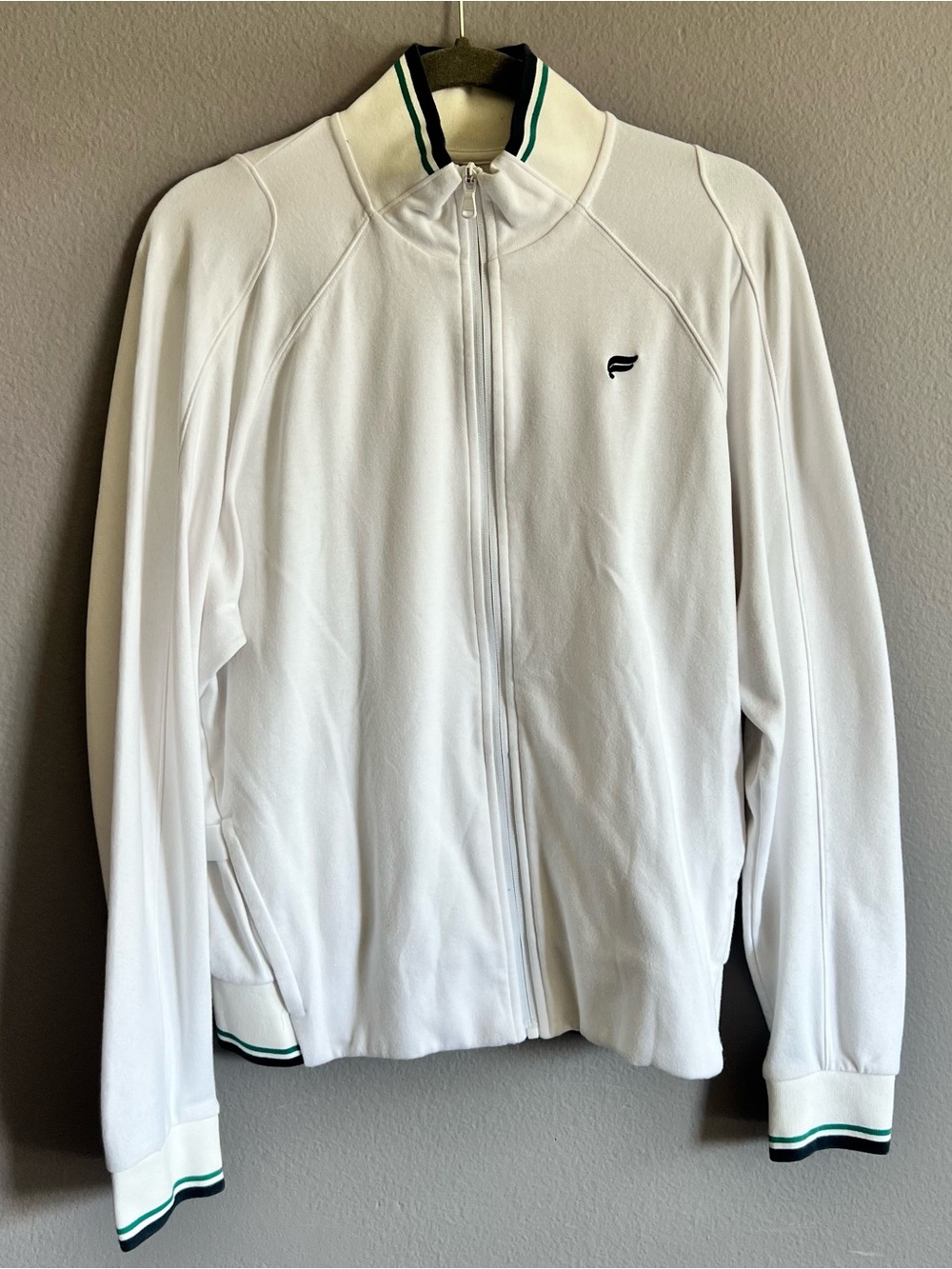 Fabletics White Full-Zip Performance Jacket with Green & Black Trim